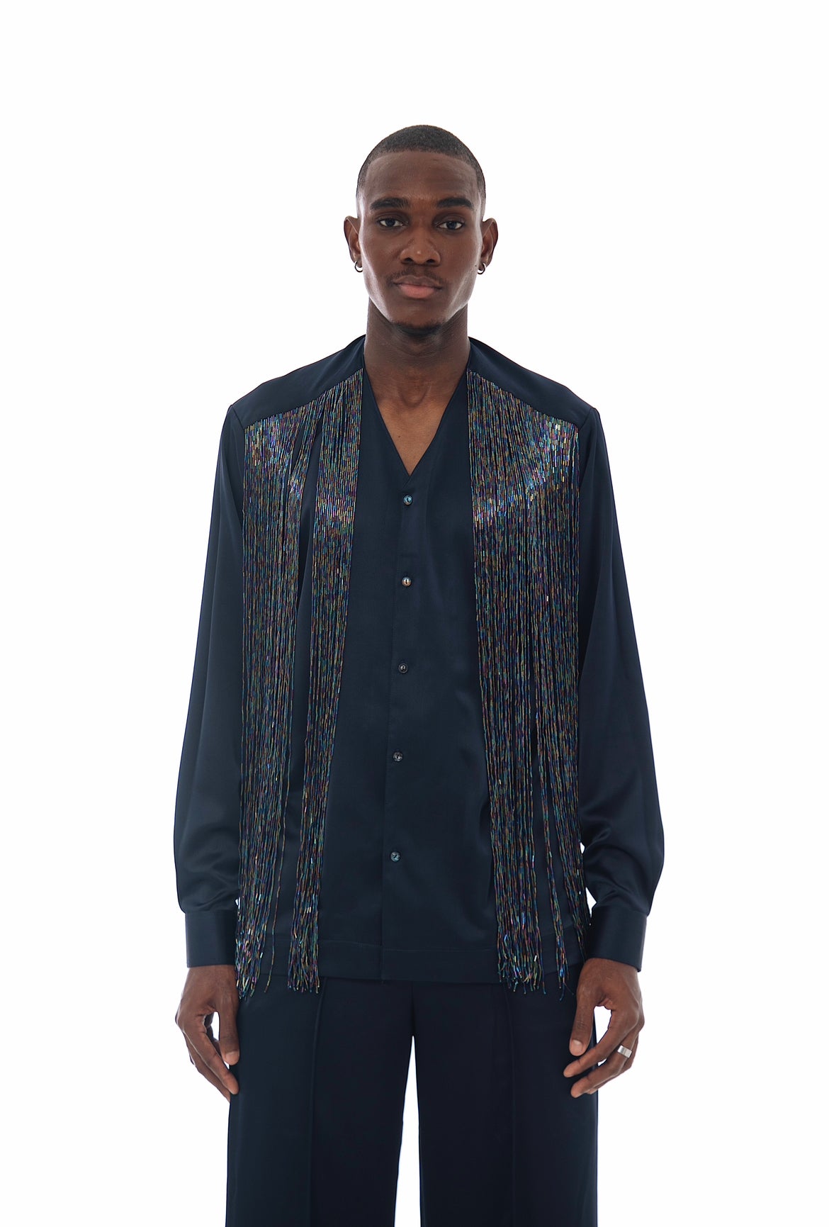 EMILIANO Hand-Beaded Fringed Shirt Set - Midnight Blue
