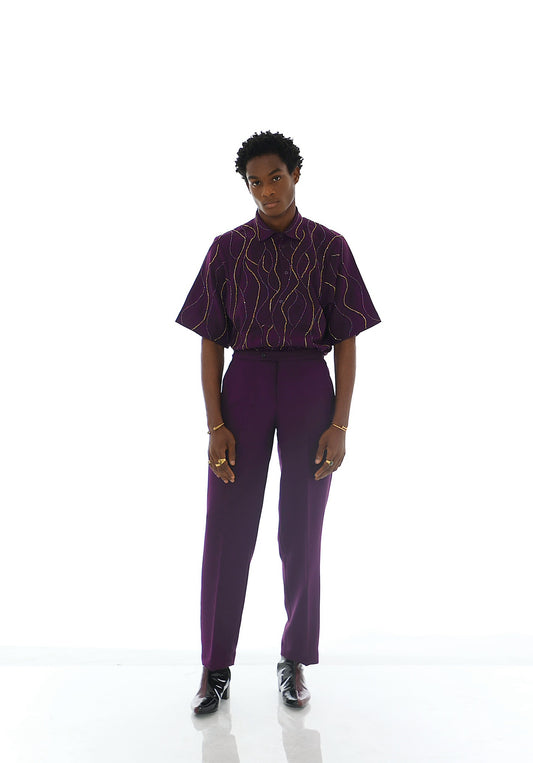 RUME Hand-Beaded Shirt Set - Eggplant