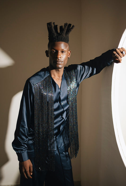 OBA Hand-Beaded Fringed Shirt Set - Midnight Blue