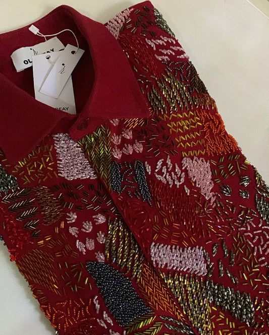 MEKA Hand-Beaded Shirt & Pants Set - Maroon