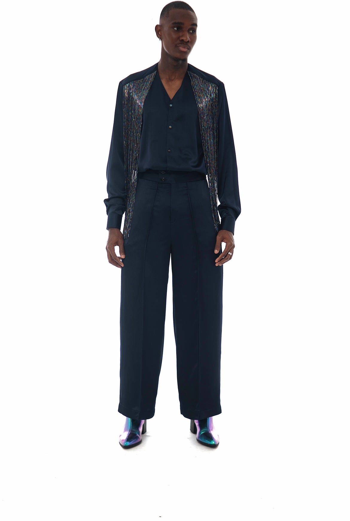 EMILIANO Hand-Beaded Fringed Shirt Set - Midnight Blue