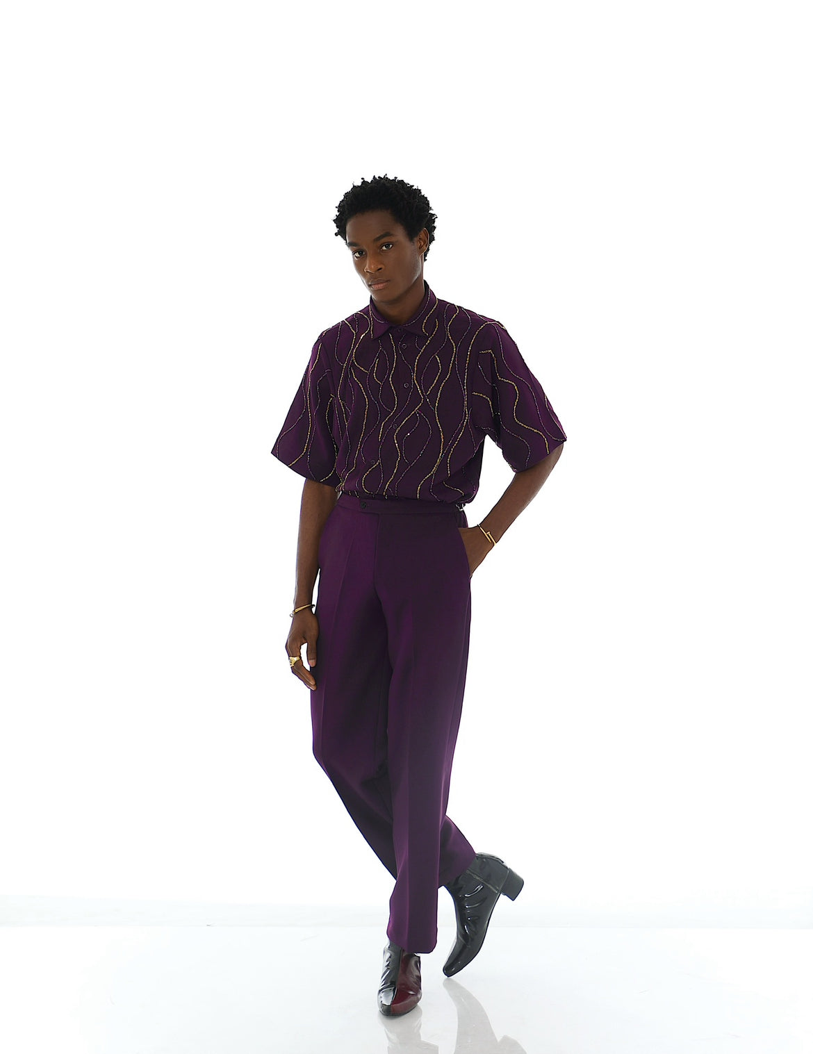 RUME Hand-Beaded Shirt Set - Eggplant