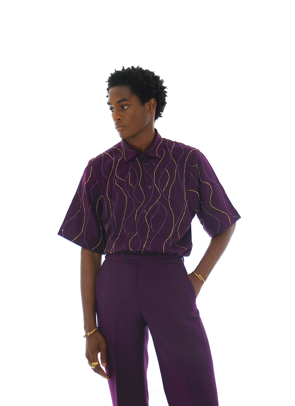 RUME Hand-Beaded Shirt Set - Eggplant