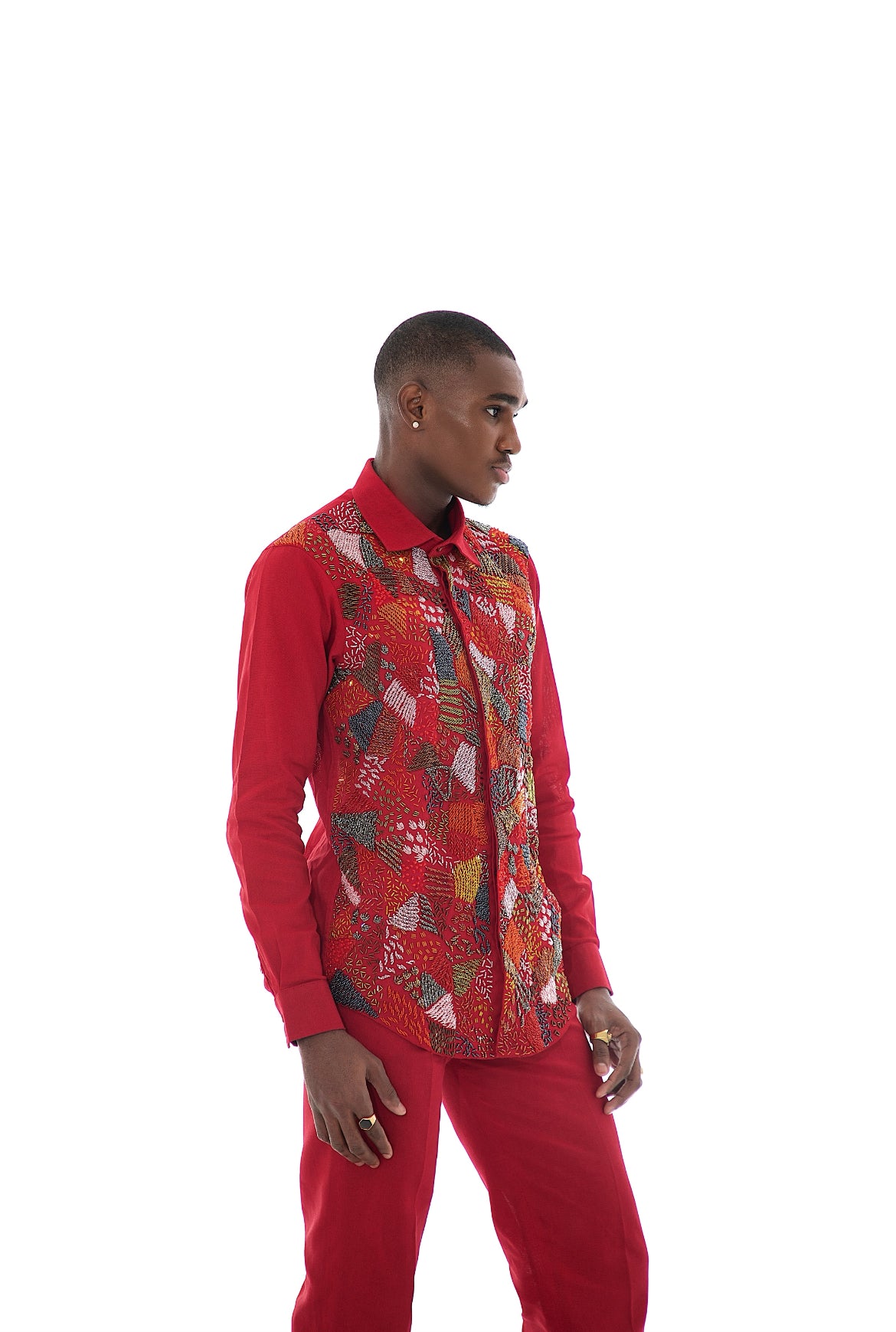 MEKA Hand-Beaded Shirt & Pants Set - Maroon