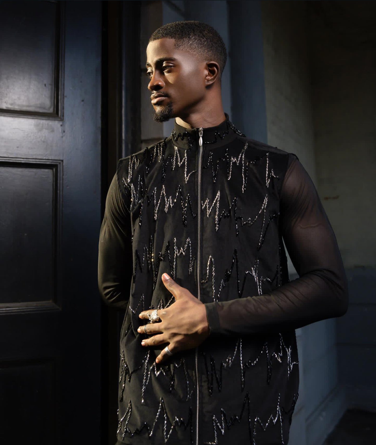 DIDDY Hand Beaded Turtle Neck Zipper Shacket