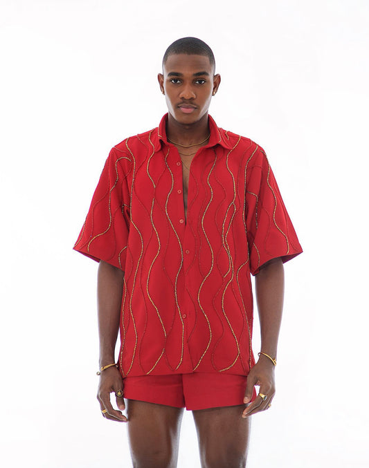 RUME Hand-Beaded Shirt & Short (set)- Maroon