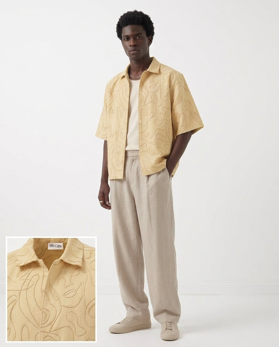 ARTI Face Line Hand-Embroidered Shacket - Pastel Yellow
