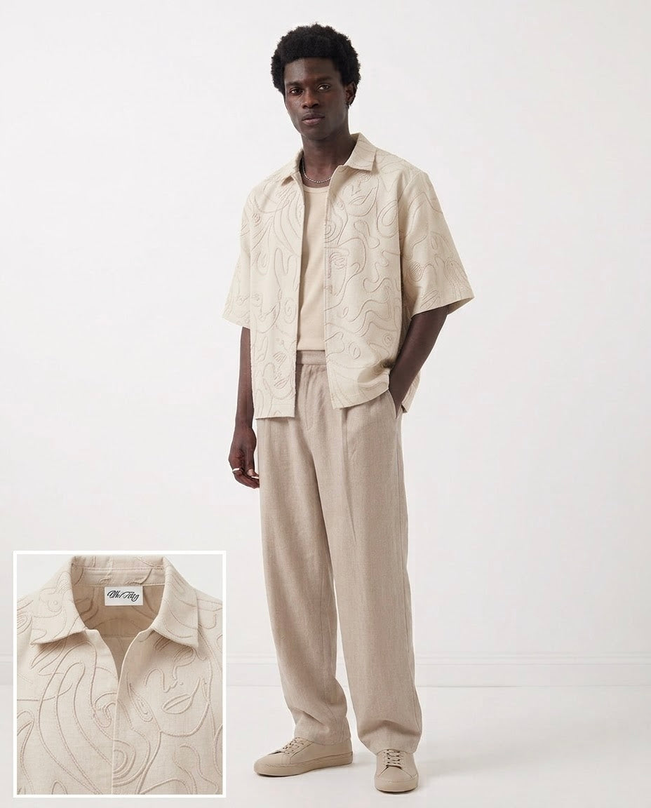 ARTI Face Line Hand-Embroidered Shacket - Pastel White